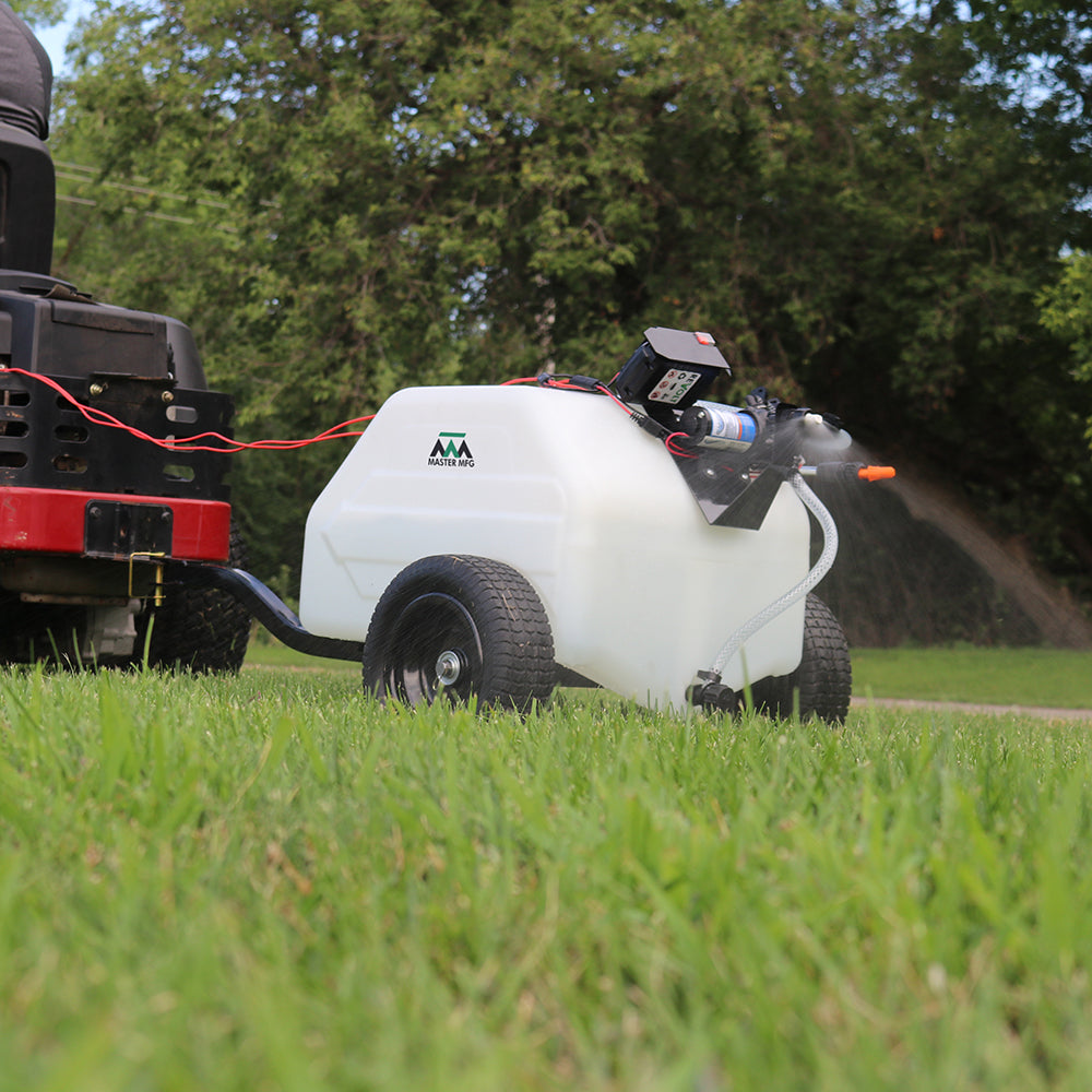 garden tractor pull behind sprayer Master Manufacturing SL6-46-012Q-RM Revolt Lithium-Ion Series 12 Gallon Trailer Broadcast Sprayer-1.1GPM, White