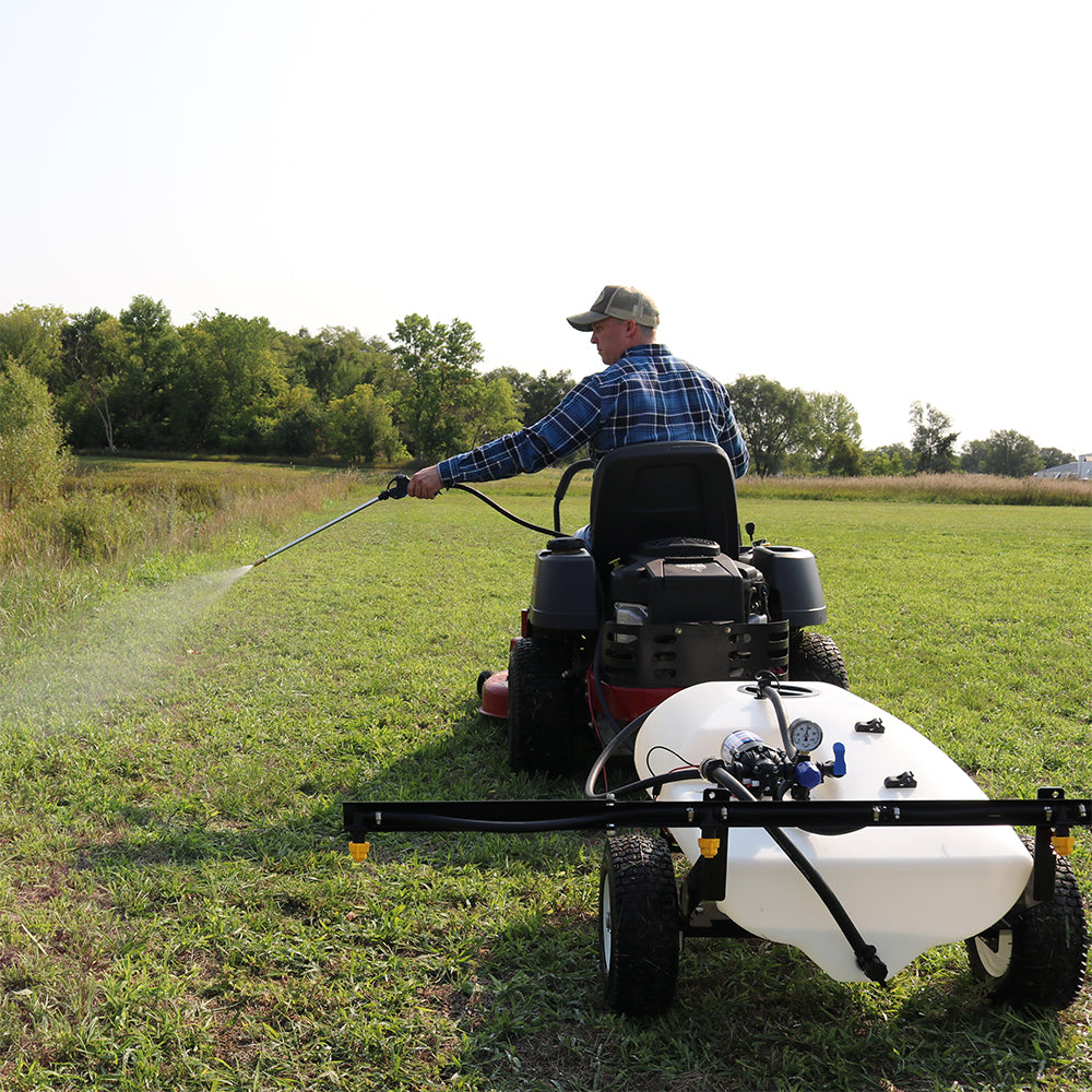 tow behind herbicide sprayer 24 Gallon Deluxe Pull Behind Broadcast Sprayer, 7 Foot Swath – Master MFG